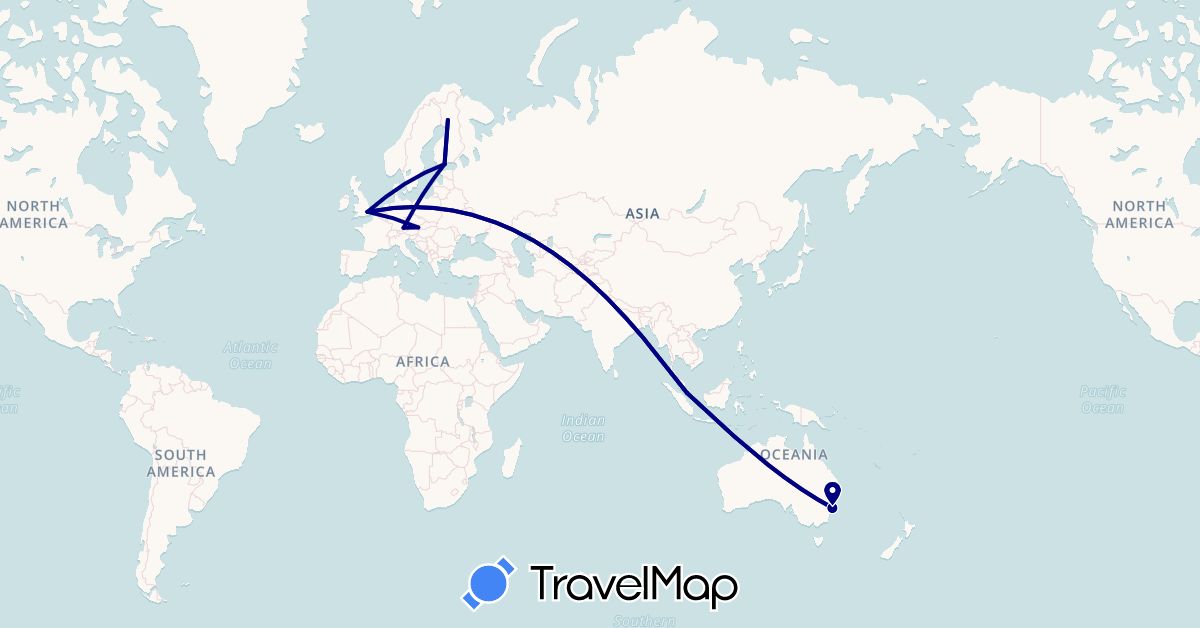 TravelMap itinerary: driving in Austria, Australia, Germany, Finland, United Kingdom, Singapore (Asia, Europe, Oceania)
